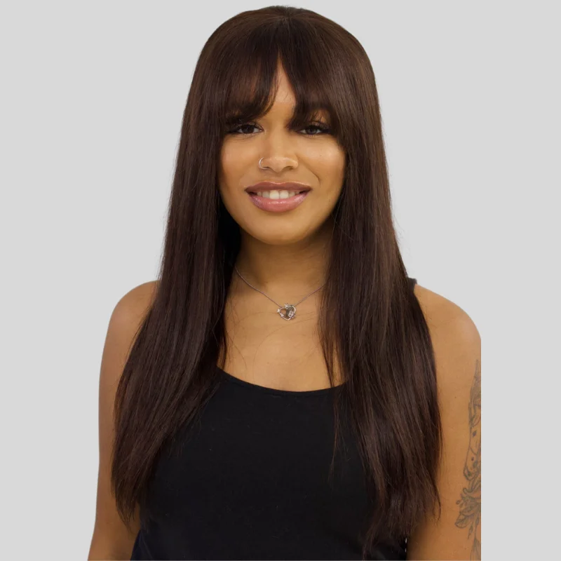 Malaysian - human - hair wig with a smooth and silky textureBrown  Straight Fringe  Human Hair Wig -ROBIN