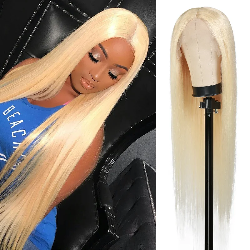 Lace wig with a pre - bleached knot for a natural - looking scalpCelebrity 100% Virgin Human Hair HD Lace Deep Part Wig 613 Blonde Straight