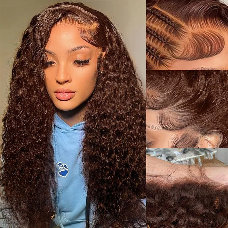 Lace wig with a side - swept bang for a sophisticated lookChocolate Brown Water Wave Wig 13x4 HD Lace Frontal Wig Human Hair