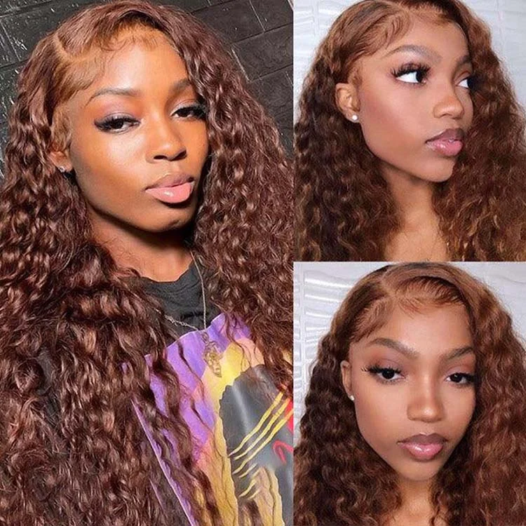 Lace wig with a side - part for a more flattering lookColor 4 Chocolate Brown 13x4 Deep Wave Human Hair Lace Frontal Wig