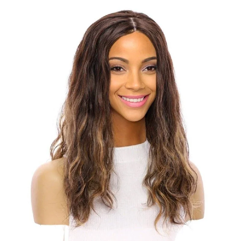 Human - hair wig with a silk - base cap for a comfortable and smooth feel22" Ponytail Silk Part Wig Dark Brown Balayage Wavy