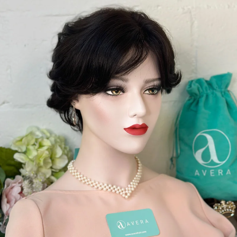 Human - hair wig with a wispy fringe for a soft and feminine lookDark Brown Short Bob Wavy Lace Wig With Bangs 8"