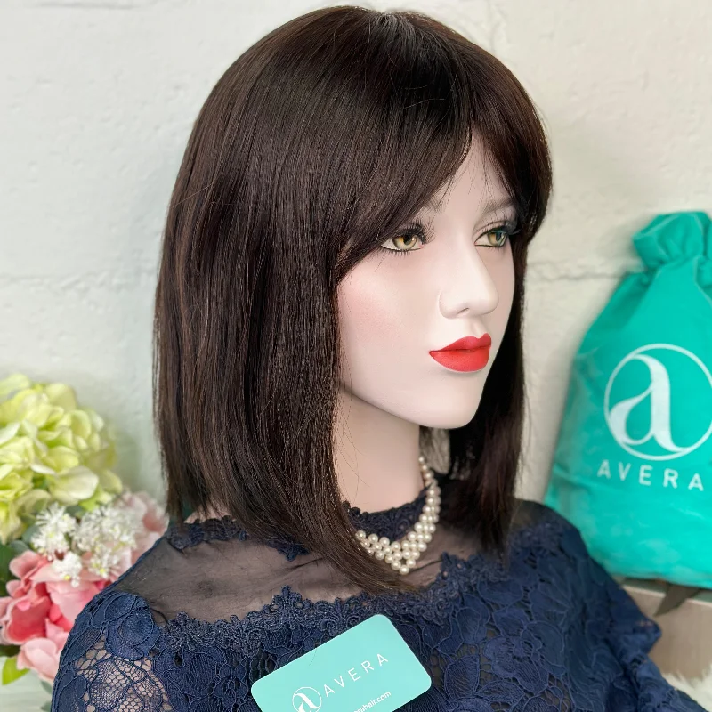 Human - hair wig with a wavy texture for a beachy and relaxed lookDark Brown Straight Bob Wig With Bangs 12"