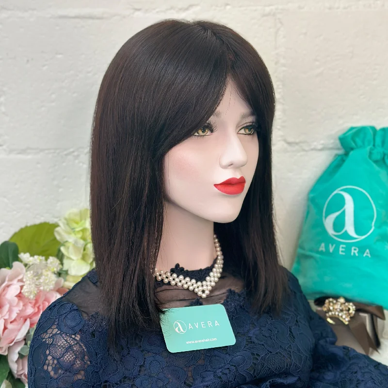 Human - hair wig with a honey - blonde color for a warm and sunny lookDark Brown Long Bob Lace Wig With Bangs 16"