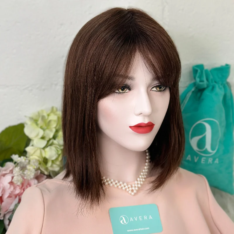 Human - hair wig with a pre - plucked hairline for a more natural lookNatural Brown Short Bob Straight Wig With Bangs 12"