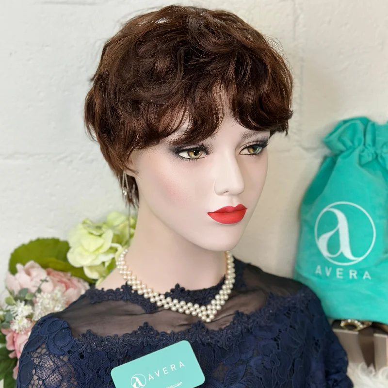 Indian - human - hair wig with a natural - looking shineNatural Brown Short Bob Wavy Wig With Bangs 6"