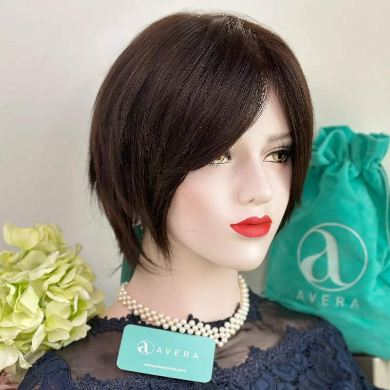 Human - hair wig with a pre - bleached knot for a natural - looking scalpDark Brown Short Bob Lace Wig With Bangs 10"