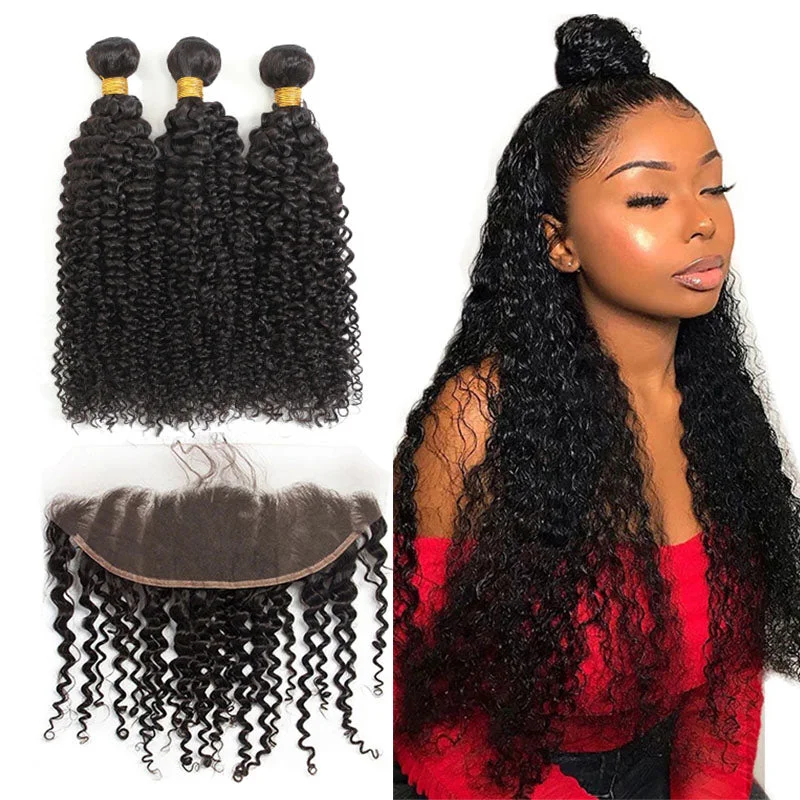 Brazilian - human - hair wig with a full and voluminous lookWesface Curly 3 Bundles Hair Weft With 13x4 Lace Frontal Human Virgin Hair