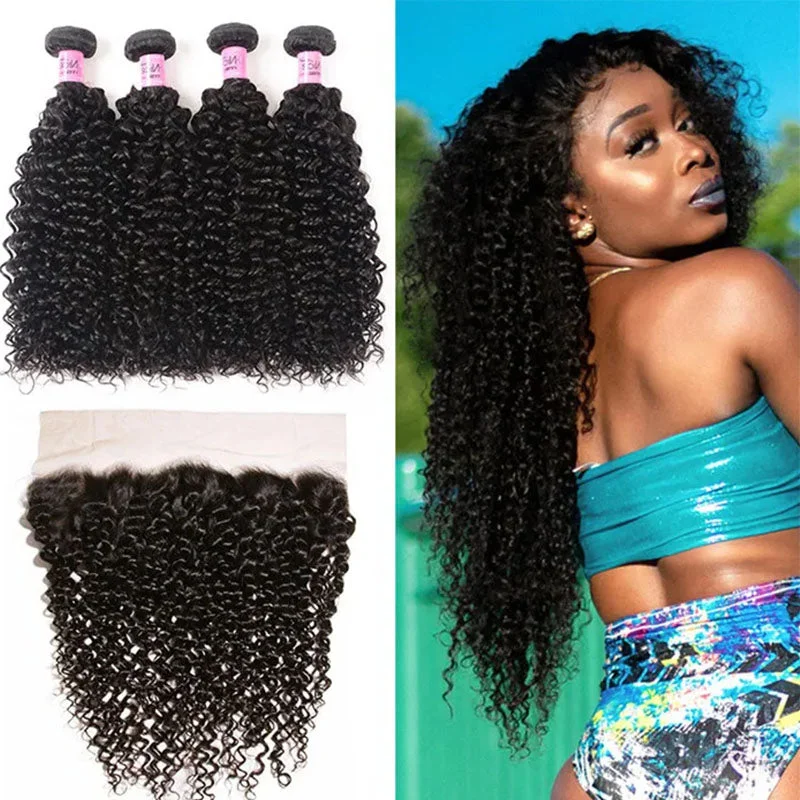 Human - hair wig with a straight texture for a sleek and minimalist lookWesface Curly 4 Pcs Bundles Hair Weft With 13x4 Lace Frontal Natural Black Human Virgin hair