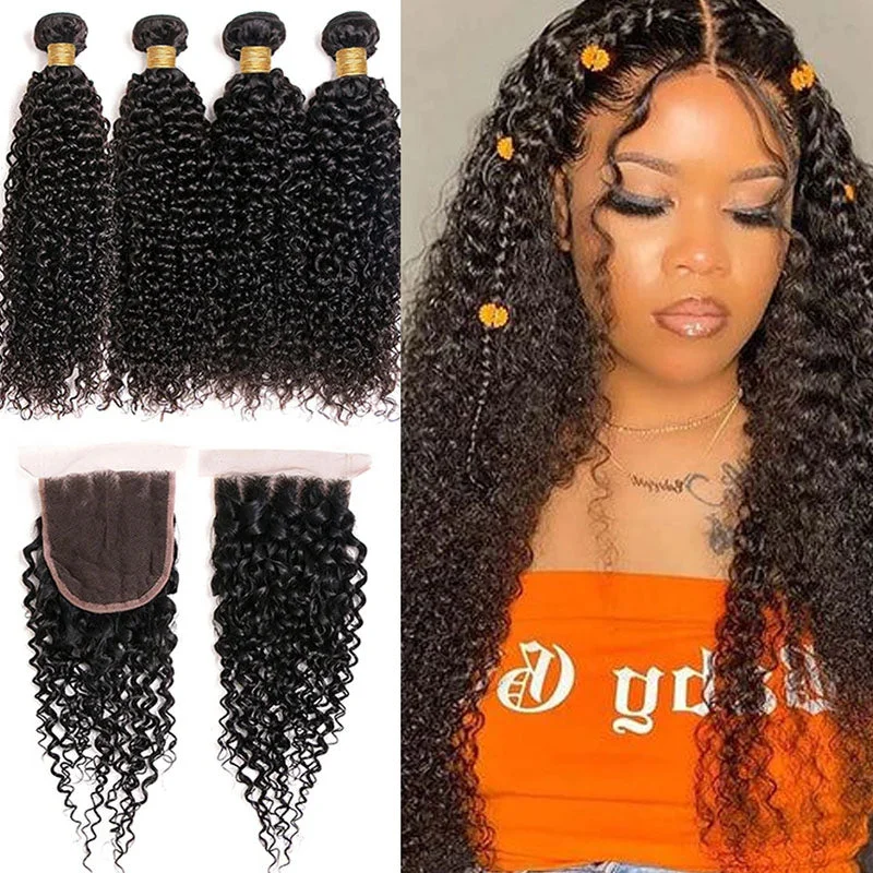 Human - hair wig with a 180 - density for a full and thick appearanceWesface Curly 4 Pcs Bundles Hair Weft With 4x4 Lace Closure Human Virgin Hair