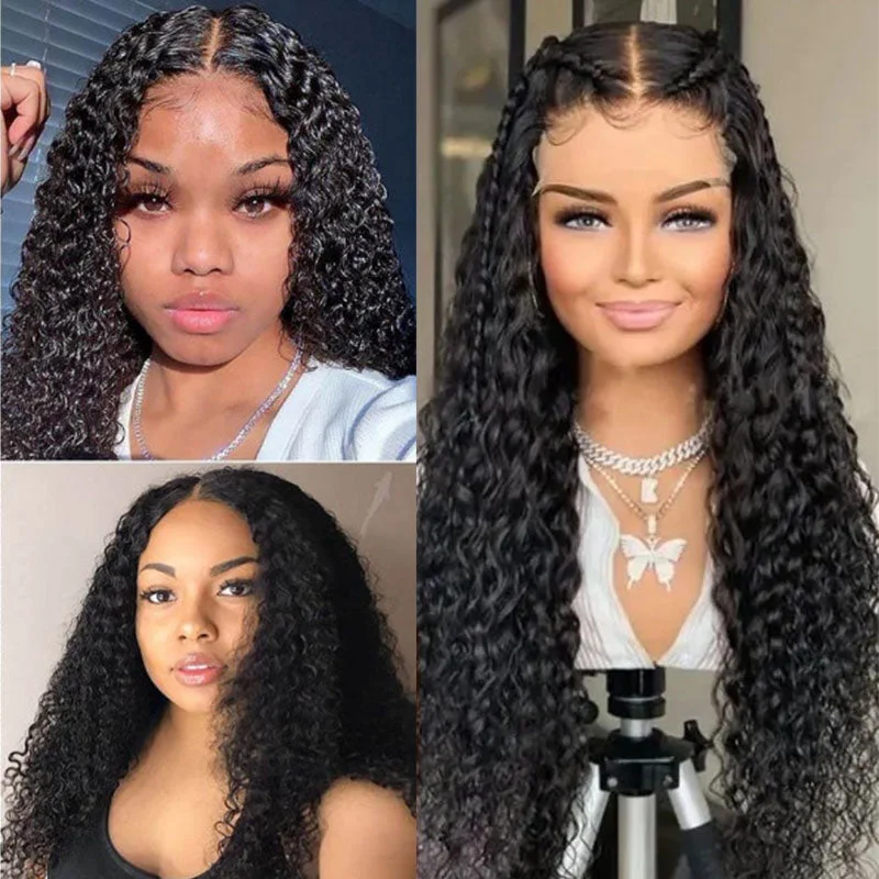 Human - hair wig with a middle - part for a classic and elegant styleWesface Curly 4x4 Lace Closure Wig Natural Black Human Hair Wig