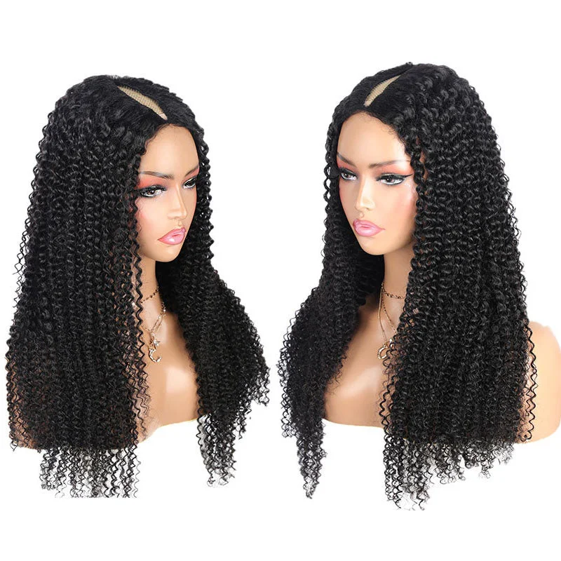 Human - hair wig with a pre - bleached knot for a natural - looking scalpWesface Curly V Part Wig Human Hair Wig 180% Density