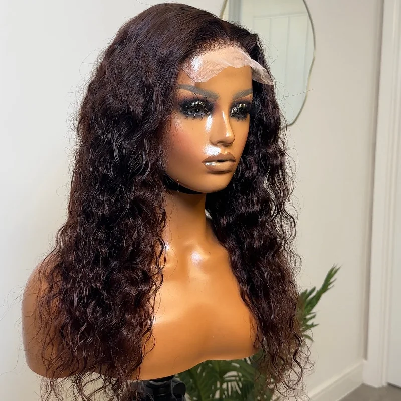 Lace wig in a chocolate - brown color for a rich and warm appearanceDAWN 5 X 5 CURLY  GLUELESS WIG