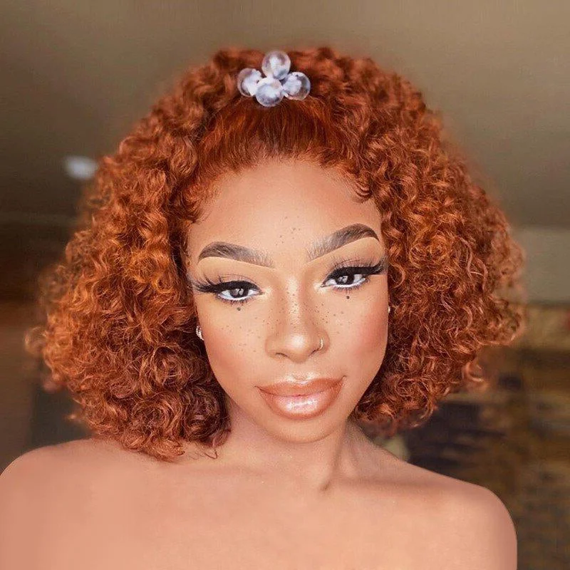 Human - hair wig with a middle - part for a classic and elegant styleWesface Deep Curly 210% Density Ginger Orange Color 13x4 Lace Bob Wig