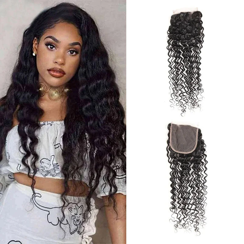 Human - hair wig with a honey - blonde color for a warm and sunny lookWesface Deep Wave 1 Pcs Lace Closure Natural Black Human Hair