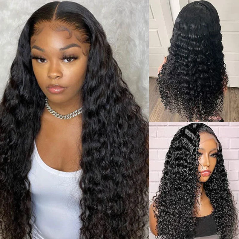 Human - hair wig with a natural - looking root for a more realistic lookWesface Deep Wave 13x4 Lace Front Wig Natural Black Human Hair Wig