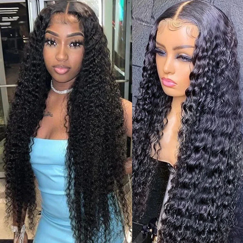 Human - hair wig with a silk - base cap for a comfortable and smooth feelWesface Deep Wave 13x6 Lace Front Wig Natural Black Human Hair Wig