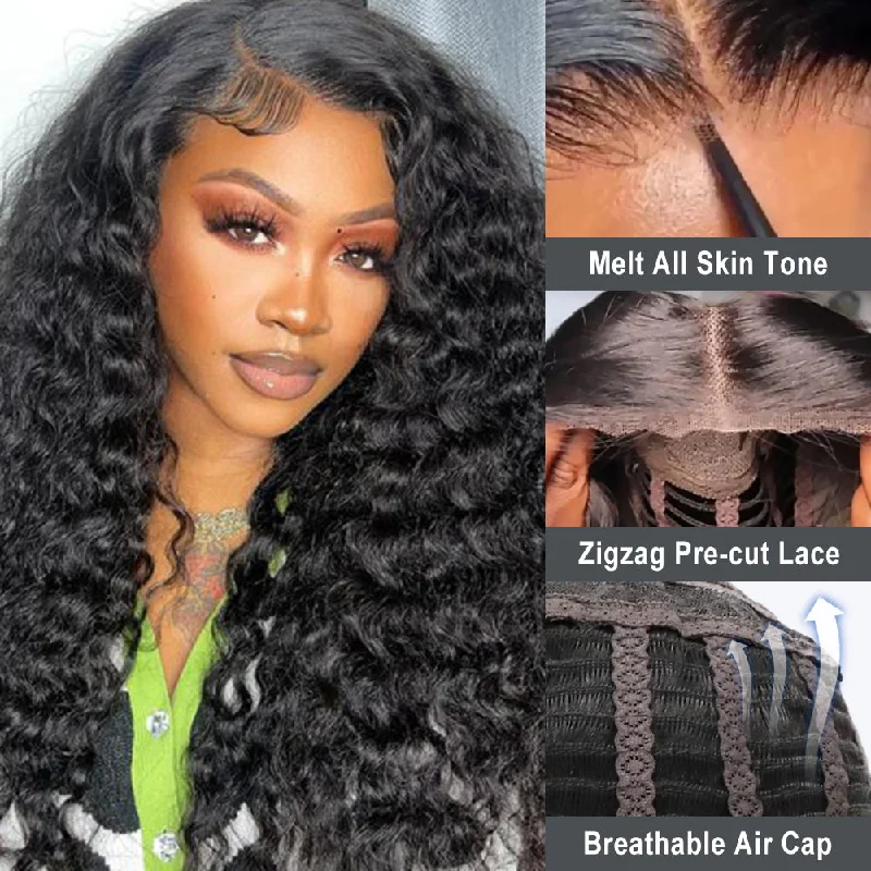 Lace wig with a silk - base cap for a comfortable and smooth feelWear & Go Deep Wave 7x5 HD Pre-cut Lace Pre-bleached Tiny Knots Glueless Lace Closure Wig US Srock Special Sale