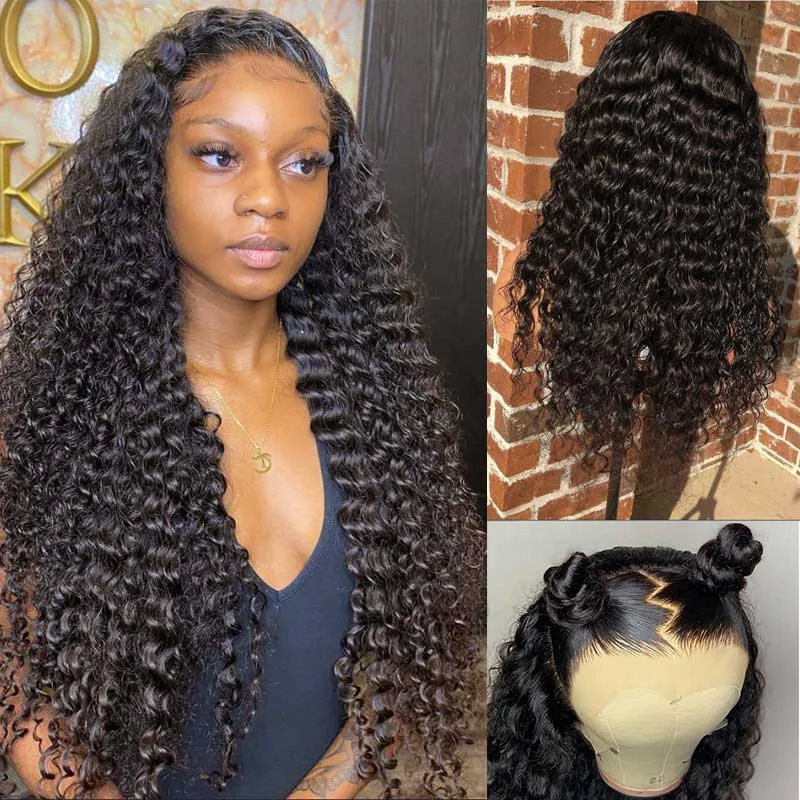 Lace wig with a straight texture for a sleek and minimalist lookDeep Wave Wig Swiss Lace 13*4 Lace Front Wig 100 Human Hair Curly Hair