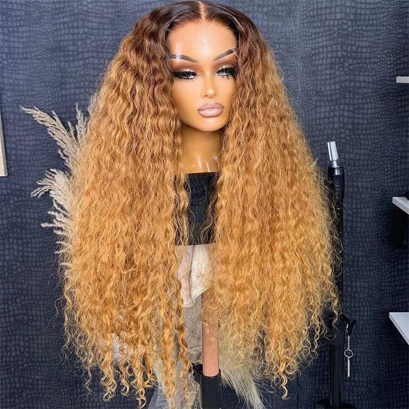 Human - hair wig with a wavy texture for a beachy and relaxed lookDeep Wave Ombre Honey Light Brown Wig With Chocolate Brown Dark Roots