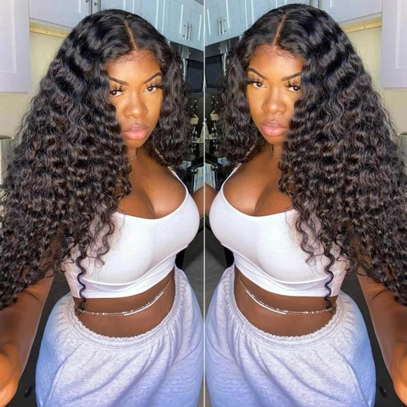 Human - hair wig with a middle - part for a classic and elegant styleDeep Wave Lace Frontal Wigs 10-32 Inchs Real Human Hair 13x4 Lace Front Wig