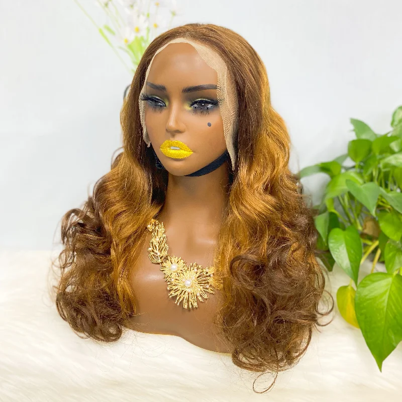 Lace wig in a chocolate - brown color for a rich and warm appearanceDouble Drawn 13*4 Lace Wig  Romance Human Hair Lace Wig Color T4/30/4# 20inch