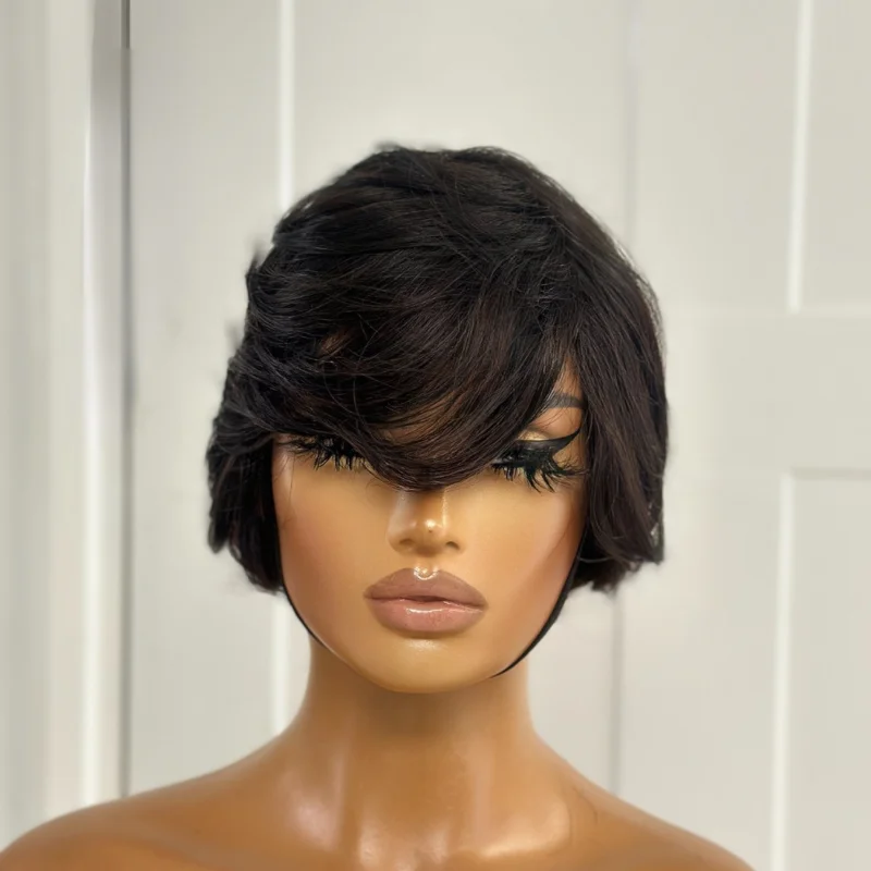 Human - hair wig in a jet - black color for a classic and timeless look8 inches  Short  100% Human Hair Full Wig- ARIA