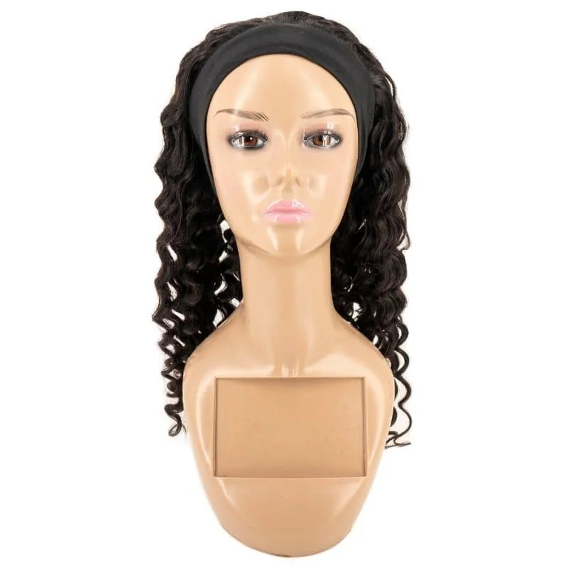 Human - hair wig with a curly texture for a bold and stylish choice100% Human Deep Wave Headband Wig