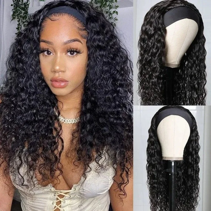 Human - hair wig with a pre - plucked hairline for a more natural lookHeadband Wig Water Curly Glueless Human Hair Wigs With Pre-Attached