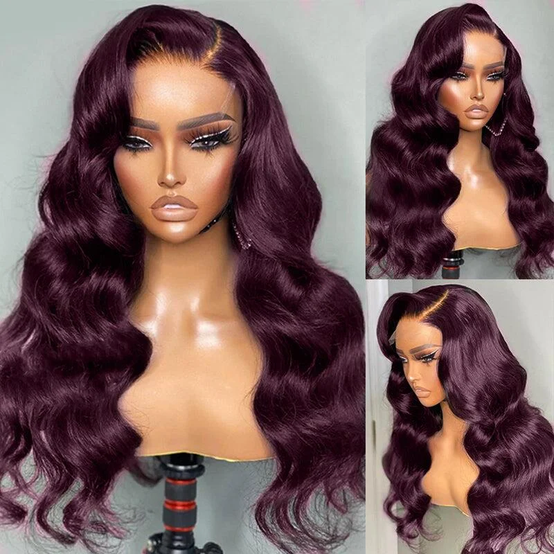 Human - hair wig with a curly texture for a bold and stylish choiceHot&Pop Trend Dark Purple Plum Colored Lace Front Human Hair Wig