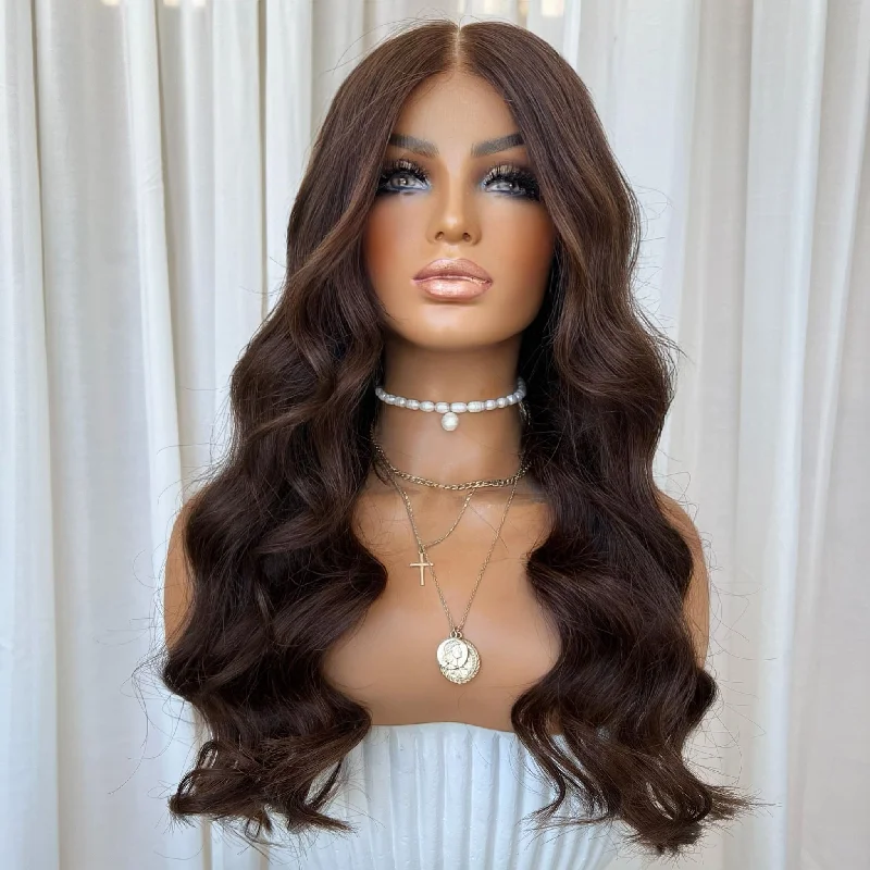 Lace wig with a wavy texture for a beachy lookKING KYLIE DARK BROWN | HD FULL LACE STRETCH CAP