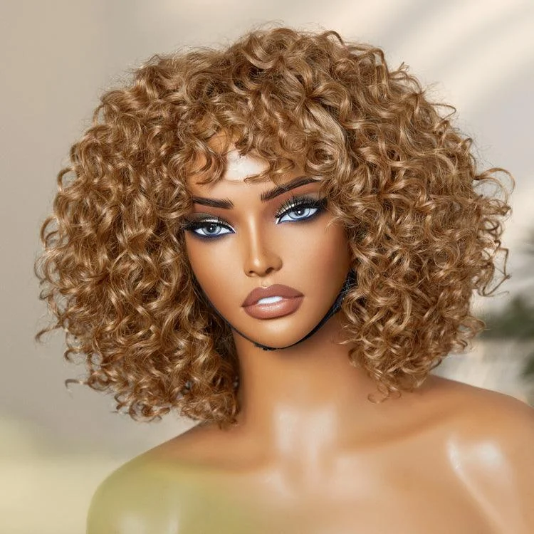 Human - hair wig in a jet - black color for a classic and timeless lookLightweight Sun-kissed Vibe Golden Blonde Short Cut Water Wave Glueless Minimalist Lace Curly Wig with Bangs