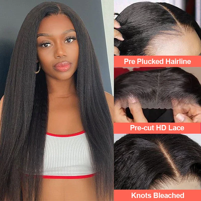 Lace wig with a straight texture for a sleek and minimalist lookLikablewig Wear And Go Glueless Wig Kinky Straight 5*5 HD Lace Closure Pre-cut HD Lace Pre-plucked Hairline Wig