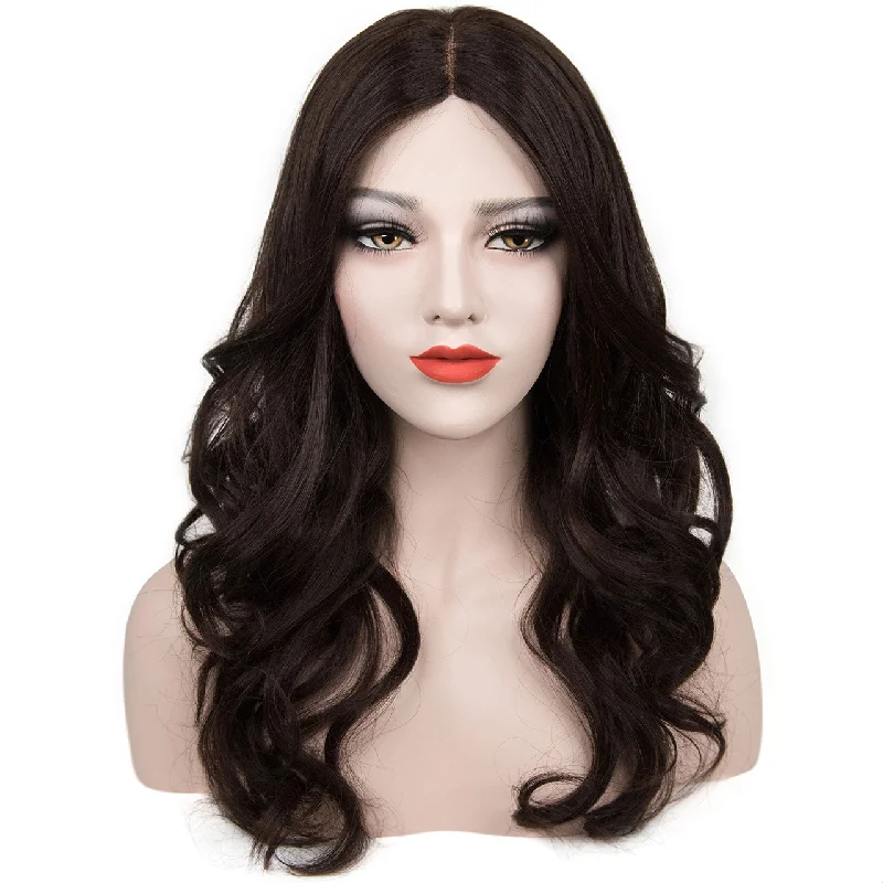 Peruvian - human - hair wig with a soft and manageable feelLong Wavy Medium Brown Mid Part Wig