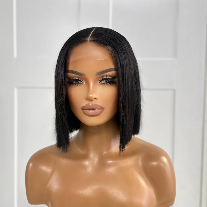 Human - hair wig with a wavy texture for a beachy and relaxed lookNatural Black 8'' 100% Raw  Human Hair  Lace  Closure Wig-SUGAR