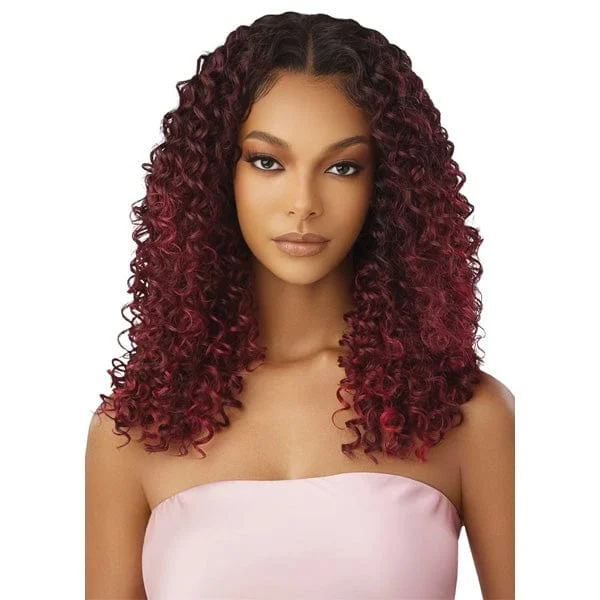 Lace wig in a chocolate - brown color for a rich and warm appearanceOutre Airtied Human Hair Blend Glueless 13X6 HD Lace Front Wig - HHB DOMINICAN CURLY 22"