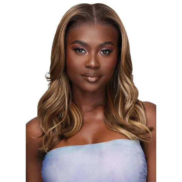 Lace wig in a chocolate - brown color for a rich and warm appearanceOutre Airtied Human Hair Blend Glueless 13X6 HD Lace Front Wig - HHB LOOSE BODY WAVE 18"