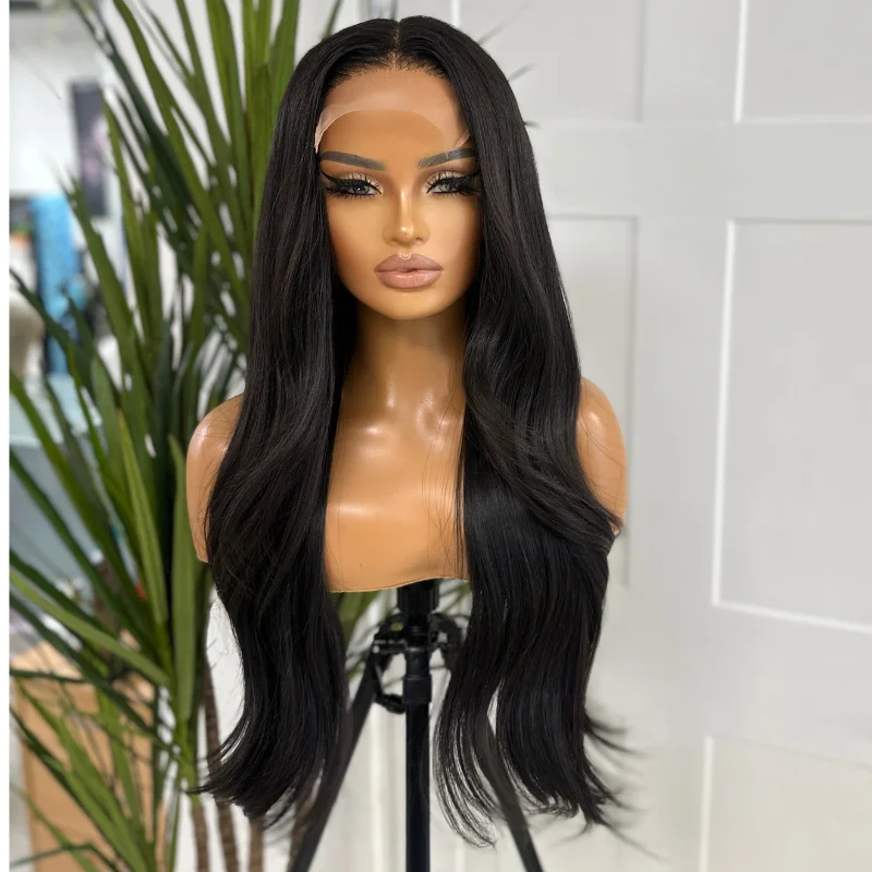 Human - hair wig with a curly texture for a bold and stylish choiceOYIN- 26’’ Long Natural Black Lace Closure Human Hair Wig