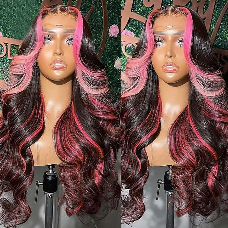 Lace wig with a platinum - blonde color for a bold and trendy lookPink Highlight Color Body Wave Human Hair 13x6 HD Lace Frontal Wig