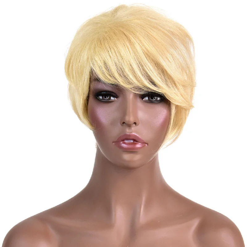 Human - hair wig with a 180 - density for a full and thick appearancePlatinum Blonde Short Wavy Side-part Wig