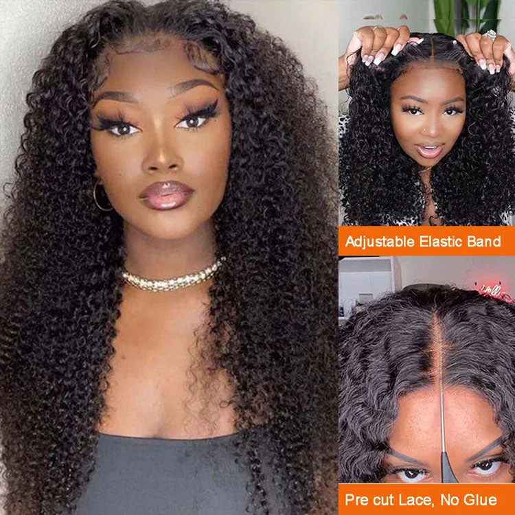 Lace wig with a honey - blonde color for a warm and sunny appearancePre Cut Lace Glueless Kinky Curly Human Hair Wig Pre Plucked with Elastic Band