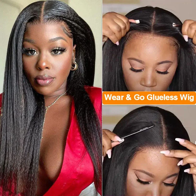 Lace wig with a 13x4 lace frontal for a wide - parting areaPre Cut Lace Glueless Kinky Straight Human Hair Wig Pre Plucked with Elastic Band