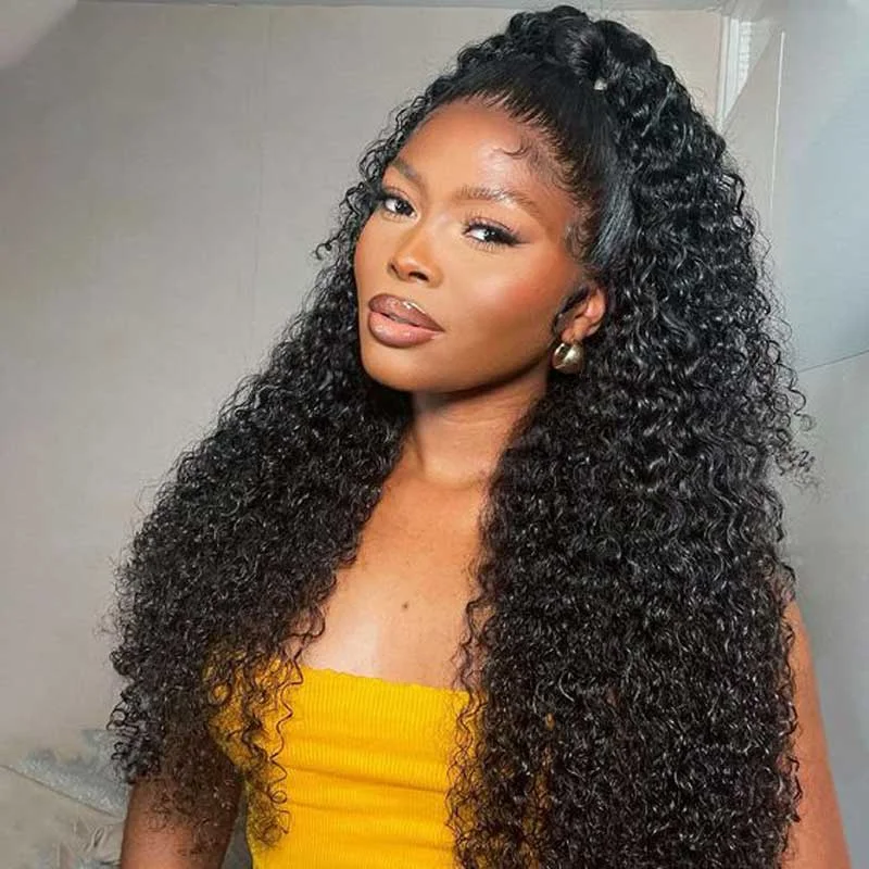 Human - hair wig with a side - part for a more flattering appearanceJerry Curly 13x4 Lace Frontal Wigs Human Hair Transparent Lace Wig Easy Melted