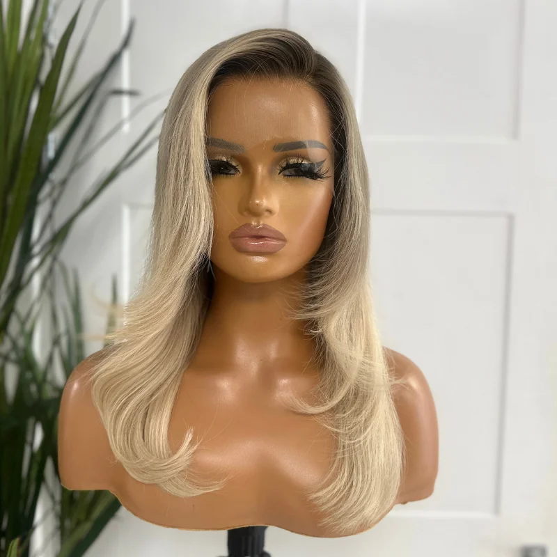 Human - hair wig with a honey - blonde color for a warm and sunny look16 inches Rooted Light  Blonde Lace Front  Human Hair Wig-RICHIE