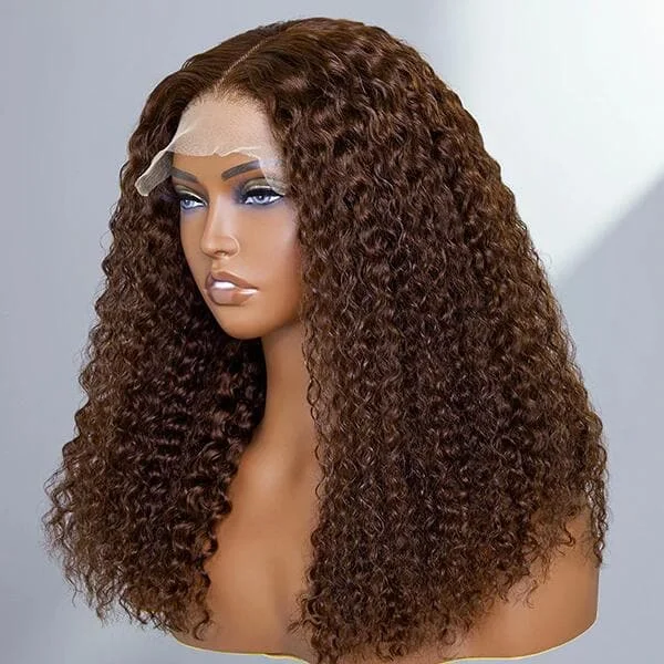 Human - hair wig with a silk - base cap for a comfortable and smooth feelSterly Transparent HD Lace Chocolate Brown Long Curly Human Hair Wigs 180% Density