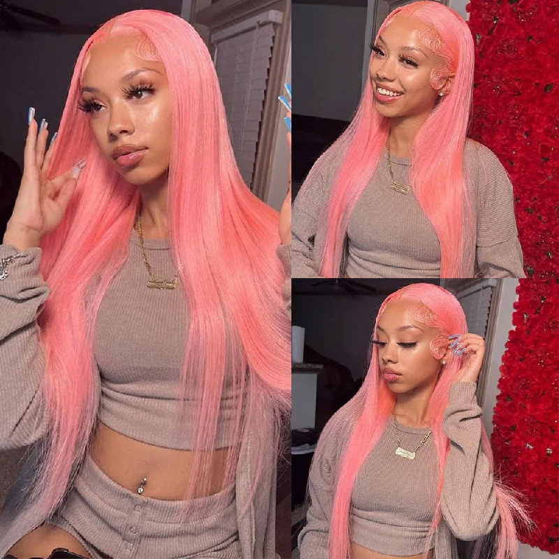 Human - hair wig with a middle - part for a classic and elegant styleSterly Sakura Pink Transparent Lace Front Wigs Long Straight Human Hair For Women