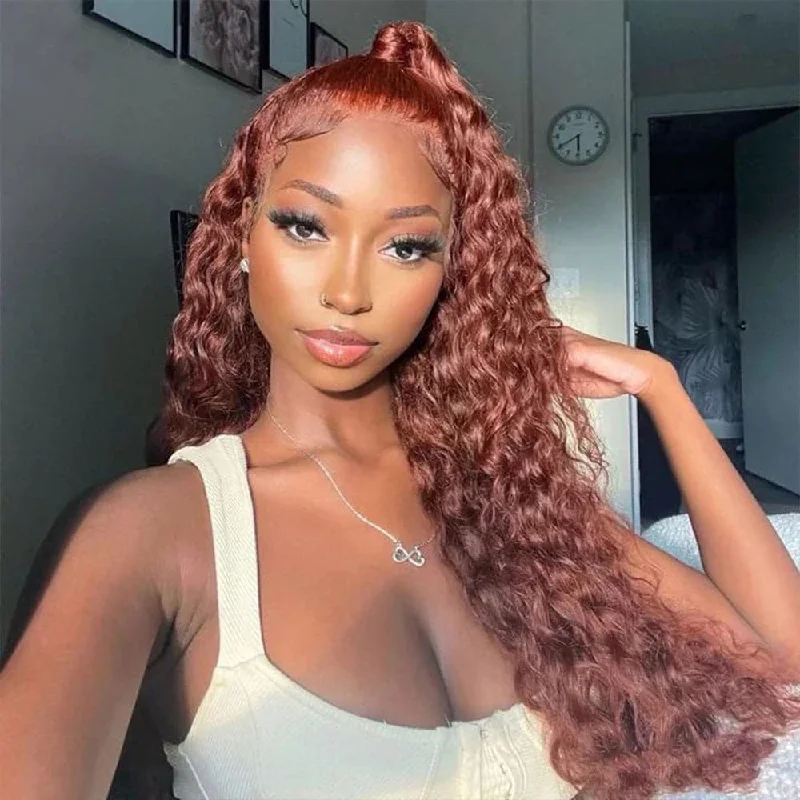 Human - hair wig with a natural - looking root for a more realistic lookSterly Water Wave Reddish Brown Hair Wig Auburn Water Wave Lace Front Wigs Human Hair