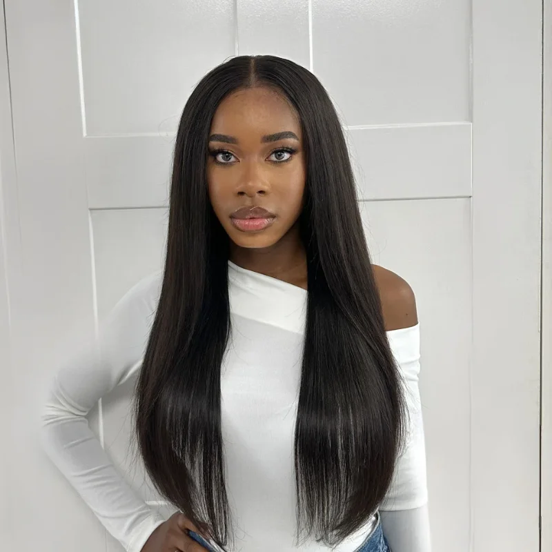 Human - hair wig with a pre - plucked hairline for a more natural look22 inches  Black Lace Frontal  Human Hair Wig-TINU