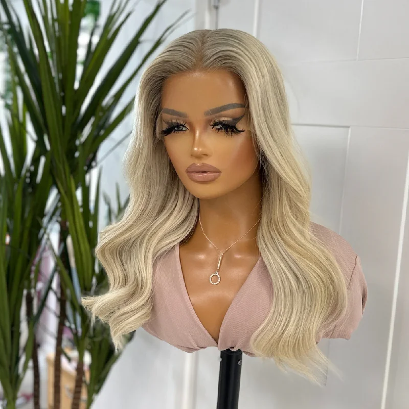 Indian - human - hair wig with a natural - looking shine16'' Rooted Ash  Blonde  Human Hair Lace Frontal Wig-KIRSTY