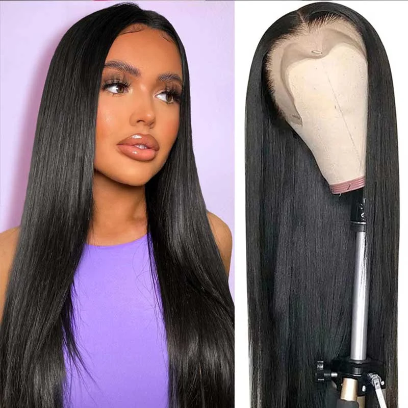 Brazilian - human - hair wig with a full and voluminous lookSoft Straight Human Hair 13x4 Full Frontal Wigs Pre Plucked Easy To Wear